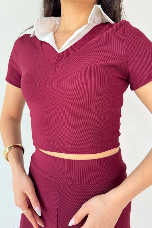 TKM-13264 Bordo Gömlek Detay Crop Bluz Yüksek Bel Pantolon İkili Takım - 6