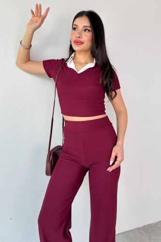 TKM-13264 Bordo Gömlek Detay Crop Bluz Yüksek Bel Pantolon İkili Takım - 2