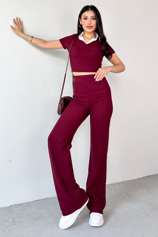 TKM-13264 Bordo Gömlek Detay Crop Bluz Yüksek Bel Pantolon İkili Takım - 8