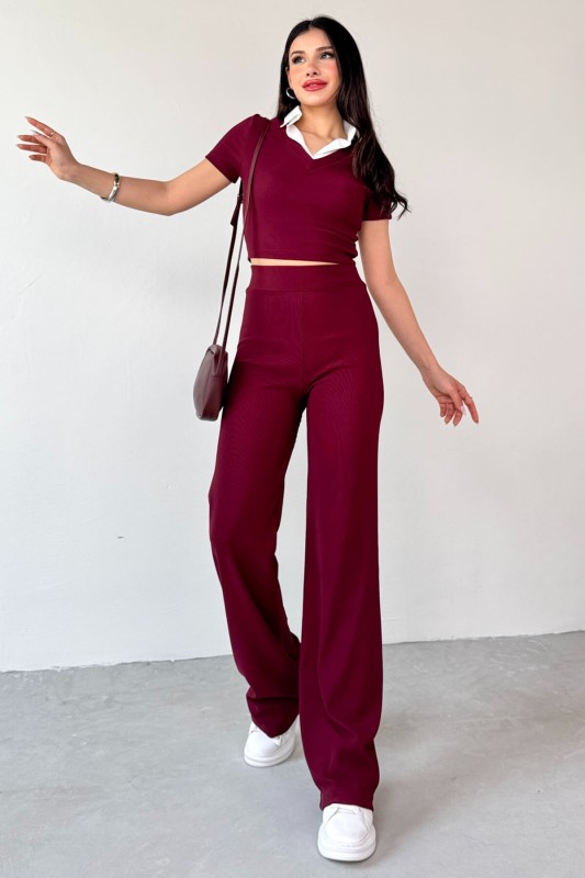 TKM-13264 Bordo Gömlek Detay Crop Bluz Yüksek Bel Pantolon İkili Takım - 1