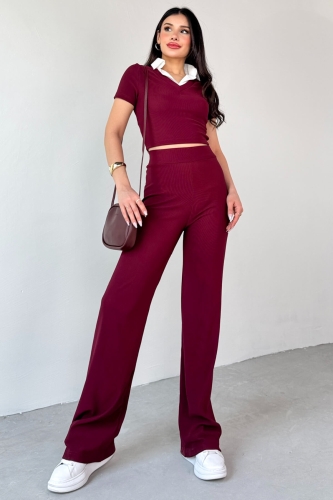 TKM-13264 Bordo Gömlek Detay Crop Bluz Yüksek Bel Pantolon İkili Takım - 4