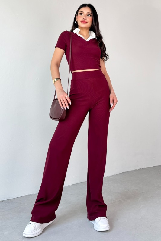 TKM-13264 Bordo Gömlek Detay Crop Bluz Yüksek Bel Pantolon İkili Takım - 4
