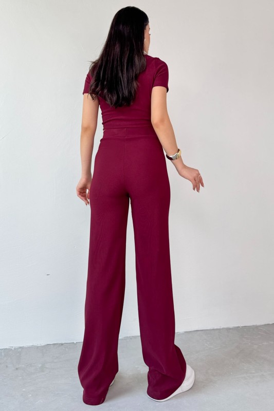 TKM-13264 Bordo Gömlek Detay Crop Bluz Yüksek Bel Pantolon İkili Takım - 3