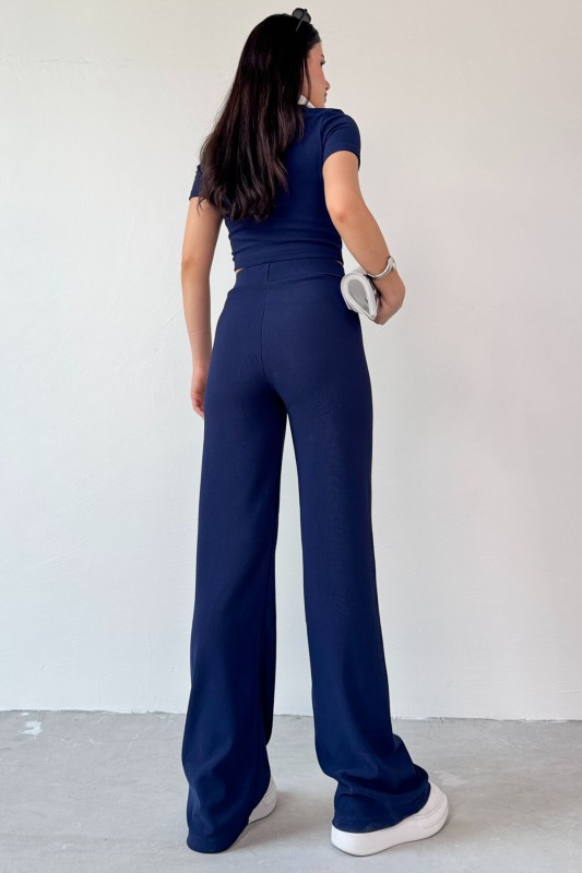 TKM-13264 Lacivert Gömlek Detay Crop Bluz Yüksek Bel Pantolon İkili Takım - 3