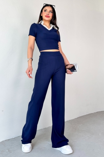 TKM-13264 Lacivert Gömlek Detay Crop Bluz Yüksek Bel Pantolon İkili Takım 