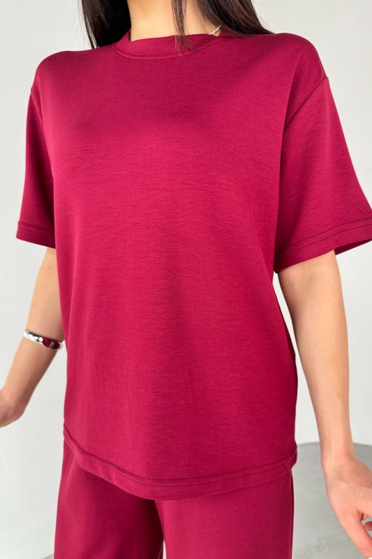 TKM-13265 Bordo Bisiklet Yaka Tişört Lastikli Salaş Pantolon İkili Takım - 5