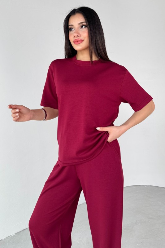 TKM-13265 Bordo Bisiklet Yaka Tişört Lastikli Salaş Pantolon İkili Takım - 2