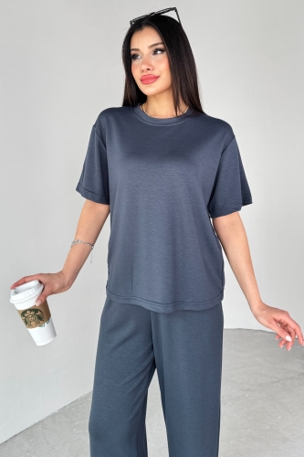 Cappmoda - TKM-13265 Füme Bisiklet Yaka Tişört Lastikli Salaş pantolon İkili Takım (1)