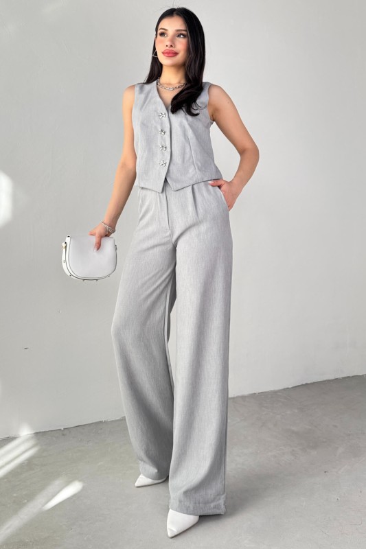 TKM-13266 Gri Keten Silver Düğmeli Yelek Yüksek Bel Pantolon İkili Takım - 1