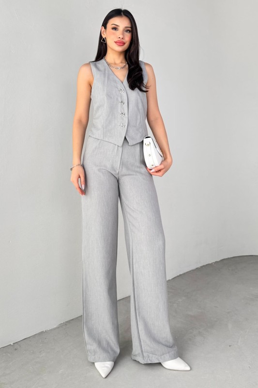 TKM-13266 Gri Keten Silver Düğmeli Yelek Yüksek Bel Pantolon İkili Takım - 4