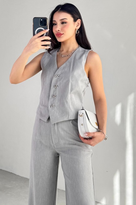 TKM-13266 Gri Keten Silver Düğmeli Yelek Yüksek Bel Pantolon İkili Takım - 5