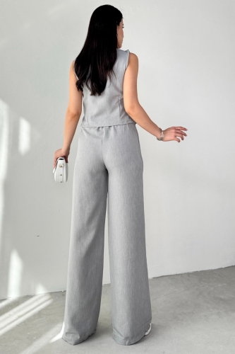 TKM-13266 Gri Keten Silver Düğmeli Yelek Yüksek Bel Pantolon İkili Takım - 6