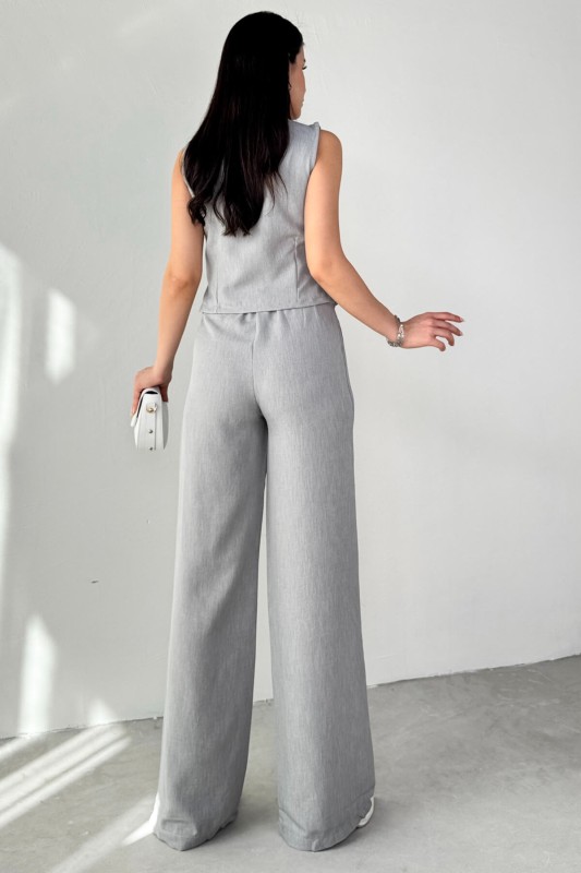TKM-13266 Gri Keten Silver Düğmeli Yelek Yüksek Bel Pantolon İkili Takım - 6