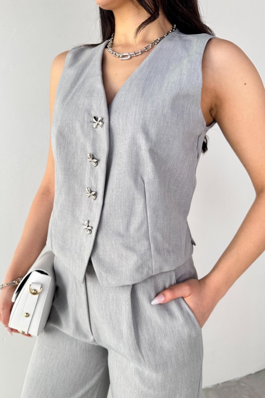 TKM-13266 Gri Keten Silver Düğmeli Yelek Yüksek Bel Pantolon İkili Takım - 7