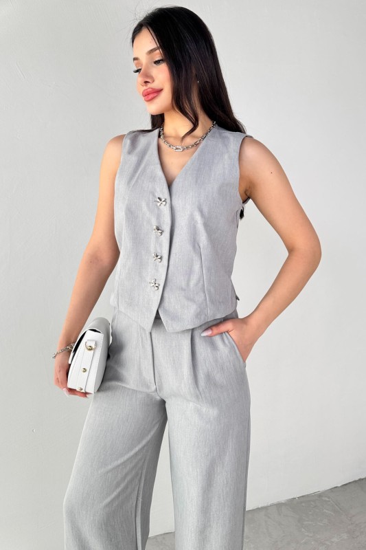 TKM-13266 Gri Keten Silver Düğmeli Yelek Yüksek Bel Pantolon İkili Takım - 8