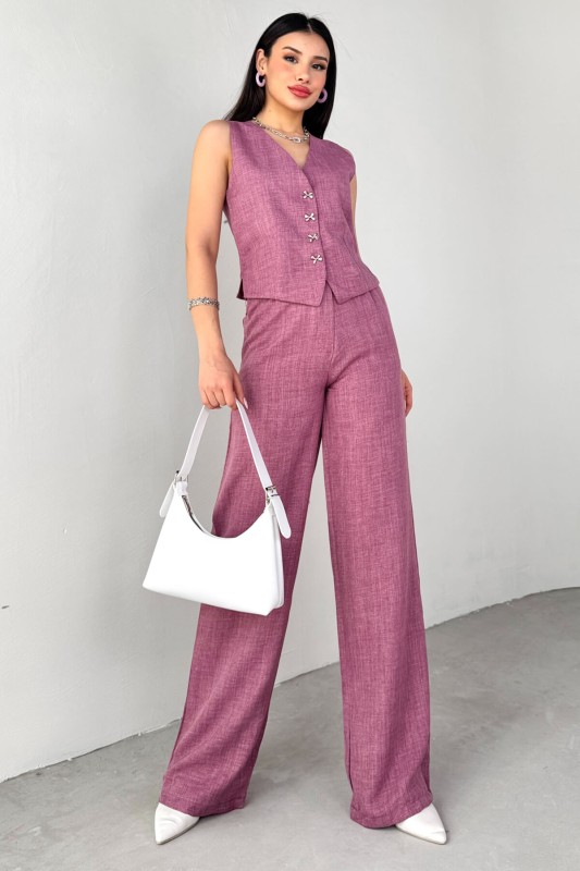 TKM-13266 Lila Keten Silver Düğmeli Yelek Yüksek Bel Pantolon İkili Takım - 1