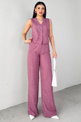 TKM-13266 Lila Keten Silver Düğmeli Yelek Yüksek Bel Pantolon İkili Takım - 4