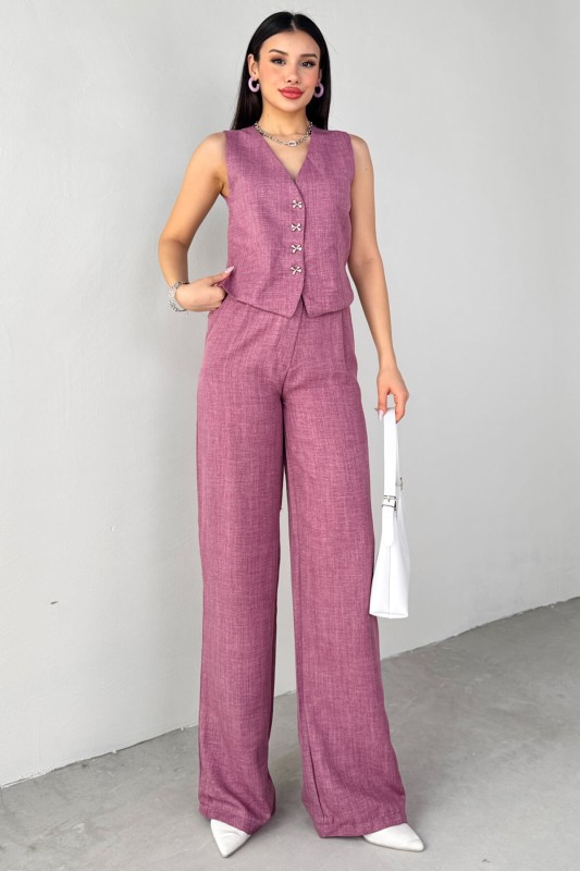 TKM-13266 Lila Keten Silver Düğmeli Yelek Yüksek Bel Pantolon İkili Takım - 4