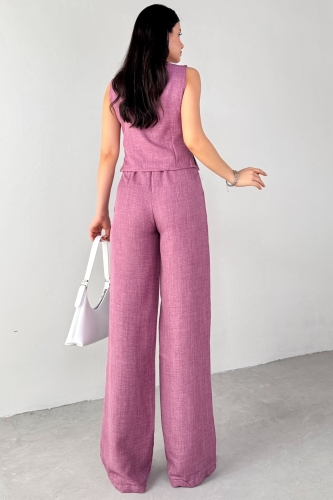 TKM-13266 Lila Keten Silver Düğmeli Yelek Yüksek Bel Pantolon İkili Takım - 5