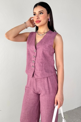Cappmoda - TKM-13266 Lila Keten Silver Düğmeli Yelek Yüksek Bel Pantolon İkili Takım (1)