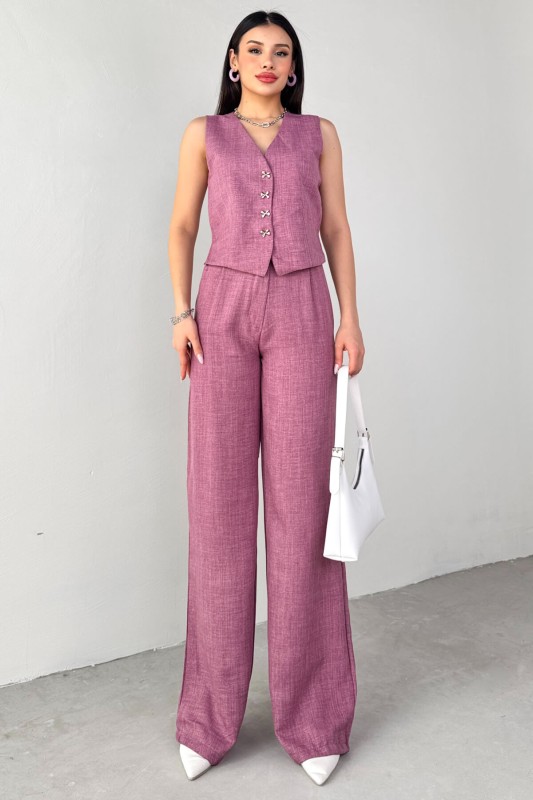 TKM-13266 Lila Keten Silver Düğmeli Yelek Yüksek Bel Pantolon İkili Takım - 6