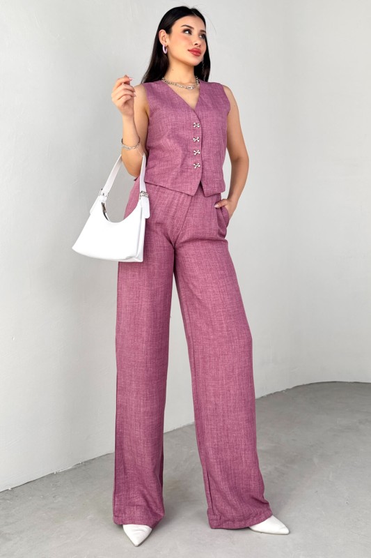 TKM-13266 Lila Keten Silver Düğmeli Yelek Yüksek Bel Pantolon İkili Takım - 7