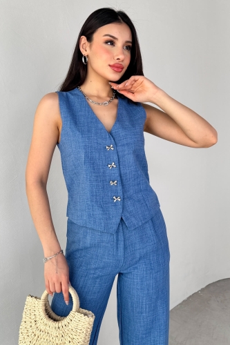 Cappmoda - TKM-13266 Mavi Keten Silver Düğmeli Yelek Yüksek Bel Pantolon İkili Takım (1)