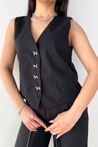 Cappmoda - TKM-13266 Siyah Keten Silver Düğmeli Yelek Yüksek Bel Pantolon İkili Takım (1)
