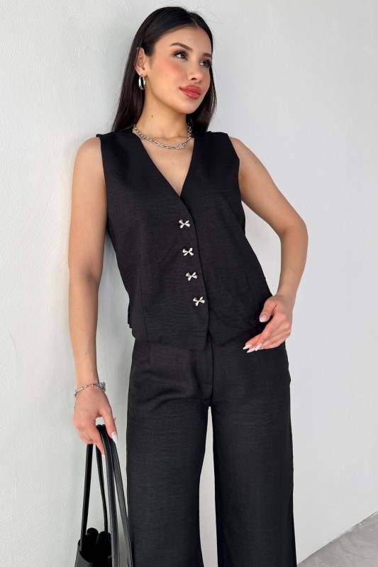 TKM-13266 Siyah Keten Silver Düğmeli Yelek Yüksek Bel Pantolon İkili Takım - 3