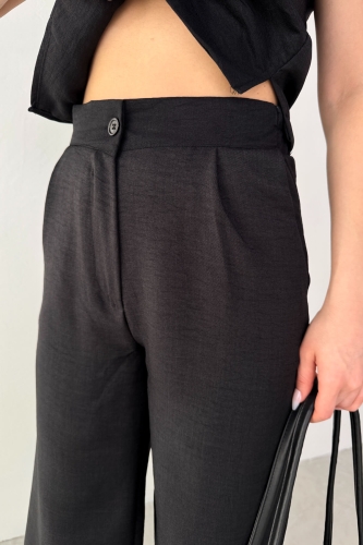 TKM-13266 Siyah Keten Silver Düğmeli Yelek Yüksek Bel Pantolon İkili Takım - 5