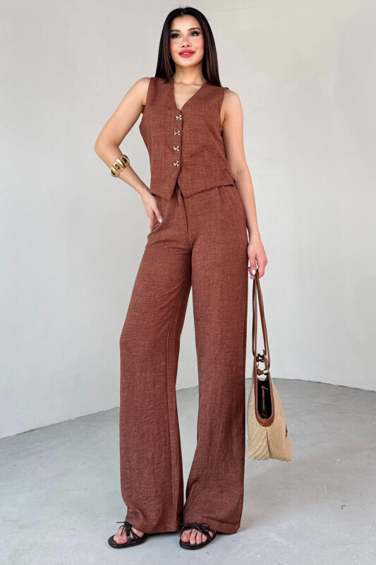 TKM-13266 Taba Keten Silver Düğmeli Yelek Yüksek Bel Pantolon İkili Takım - 4