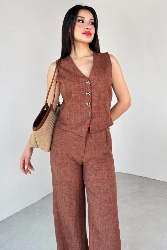 TKM-13266 Taba Keten Silver Düğmeli Yelek Yüksek Bel Pantolon İkili Takım - 2