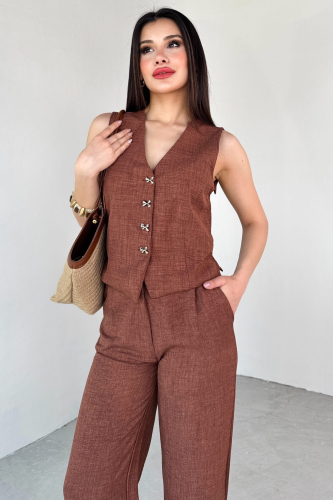 TKM-13266 Taba Keten Silver Düğmeli Yelek Yüksek Bel Pantolon İkili Takım - 9