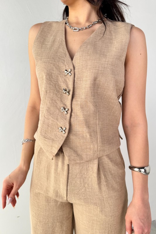 TKM-13266 Vizon Keten Silver Düğmeli Yelek Yüksek Bel Pantolon İkili Takım - 5