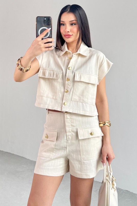 TKM-13267 Taş Rengi Cepli Crop Yelek Şort Keten İkili Takım