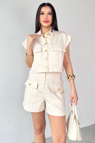 Cappmoda - TKM-13267 Taş Rengi Cepli Crop Yelek Şort Keten İkili Takım (1)