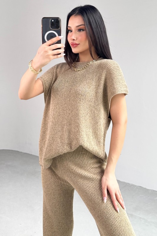 TKM-13269 Vizon Triko Bluz Salaş Pantolon İkili Takım