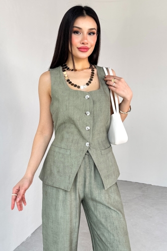 Cappmoda - TKM-13270 Haki Düğmeli Cep Detaylı Yelek Yüksek Bel Palazzo Pantolon İkili Takım (1)