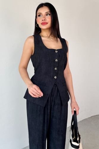 Cappmoda - TKM-13270 Siyah Düğmeli Cep Detaylı Yelek Yüksek Bel Palazzo Pantolon İkili Takım (1)