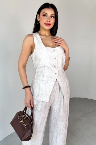 Cappmoda - TKM-13270 Taş Rengi Düğmeli Cep Detaylı Yelek Yüksek Bel Palazzo Pantolon İkili Takım (1)