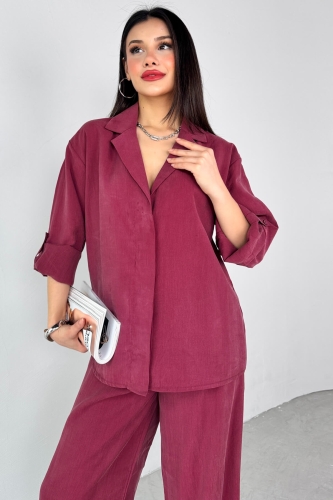 Cappmoda - TKM-13271 Bordo Tensel Kruvaze Yaka Gömlek Salaş Pantolon İkili Takım (1)