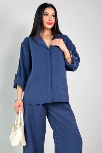 Cappmoda - TKM-13271 Lacivert Tensel Kruvaze Yaka Gömlek Salaş Pantolon İkili Takım (1)