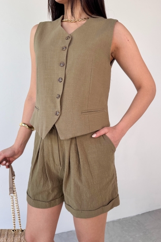 Cappmoda - TKM-13272 Haki Astarlı Yelek Şort İkili Takım (1)