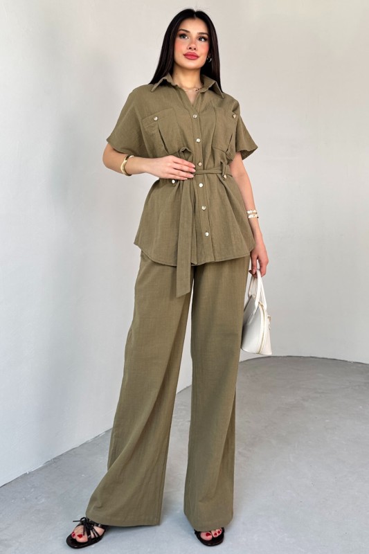 TKM-13274 Haki Polo Yaka Kuşaklı Gömlek Pantolon Keten İkili Takım