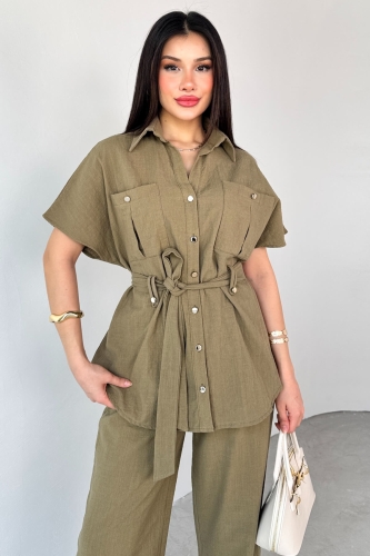 Cappmoda - TKM-13274 Haki Polo Yaka Kuşaklı Gömlek Pantolon Keten İkili Takım (1)