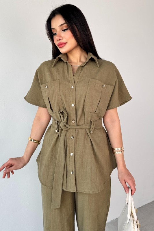 TKM-13274 Haki Polo Yaka Kuşaklı Gömlek Pantolon Keten İkili Takım