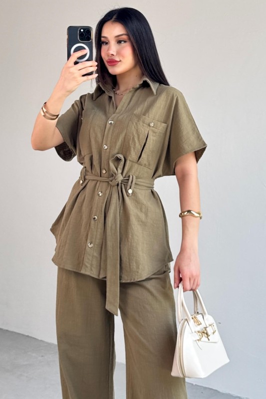 TKM-13274 Haki Polo Yaka Kuşaklı Gömlek Pantolon Keten İkili Takım