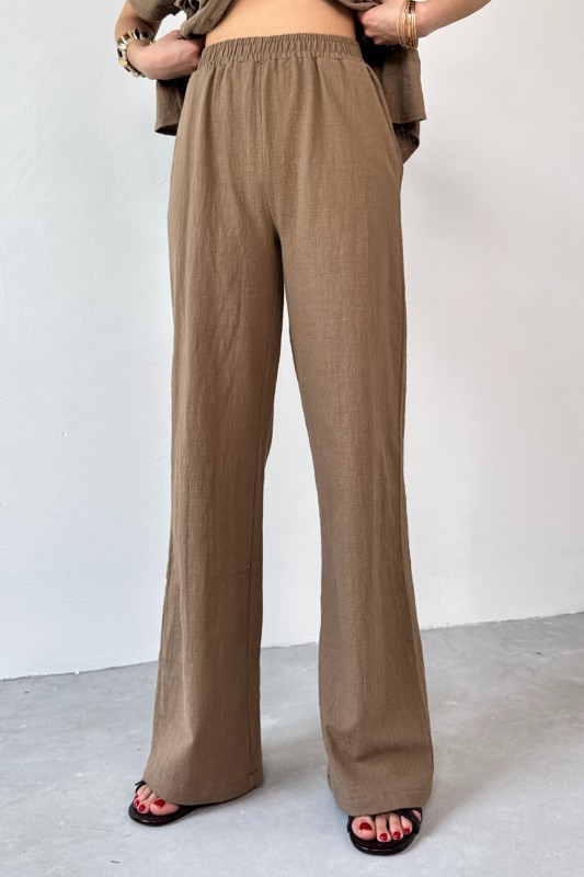 TKM-13274 Kahverengi Polo Yaka Kuşaklı Gömlek Pantolon Keten İkili Takım