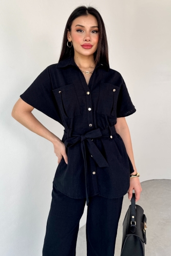 Cappmoda - TKM-13274 Siyah Polo Yaka Kuşaklı Gömlek Pantolon Keten İkili Takım (1)
