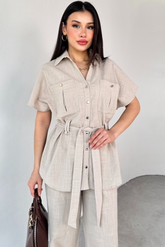 Cappmoda - TKM-13274 Taş Rengi Polo Yaka Kuşaklı Gömlek Pantolon Keten İkili Takım (1)